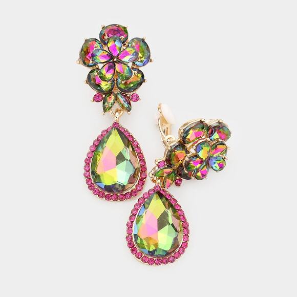Clip on 2" gold, green & pink stone flower & teardrop dangle earrings - Picture 1 of 4